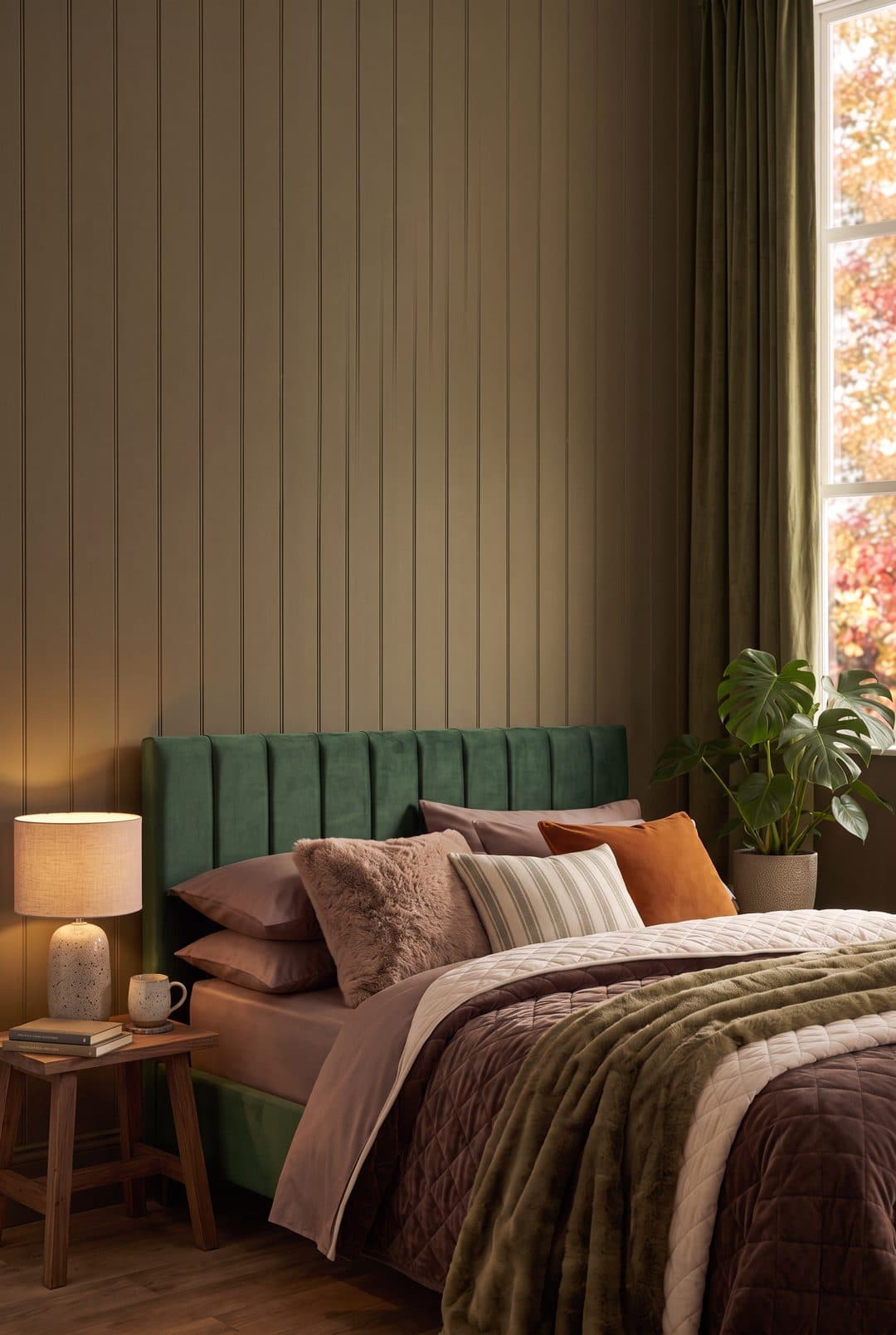 Green velvet bed dressed for autumn with faux-fur throws, beside a window