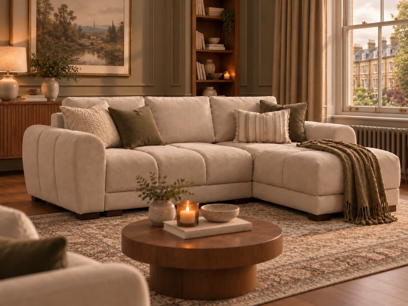 Corner sofa and coffee table in a cosy living room