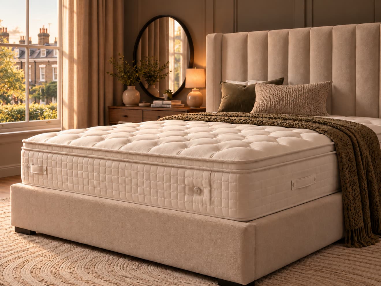 Pillow-top mattress on an upholstered bed by a sunlit window