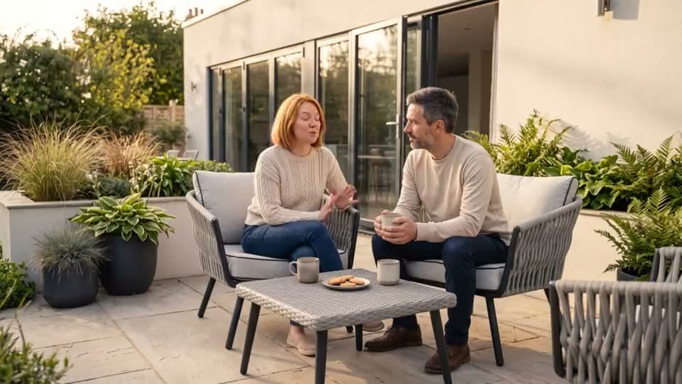 Grey corner sofa set on a garden patio